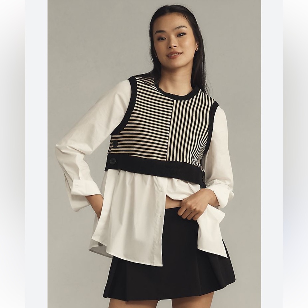 Maeve long sleeve linen twofer sweater vest  top